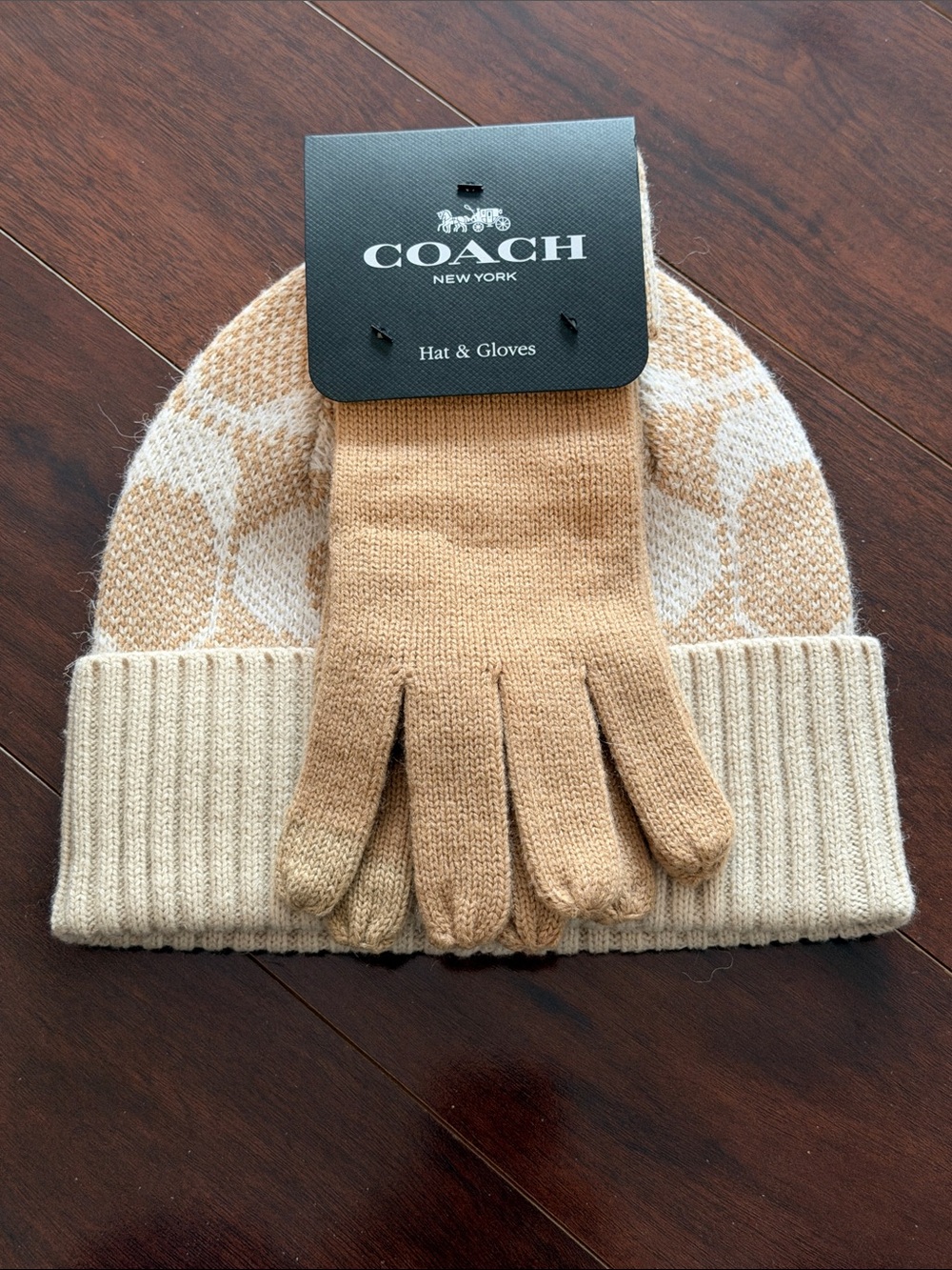 NWT - Coach Wool Tan & Beige Hat and Gloves Set